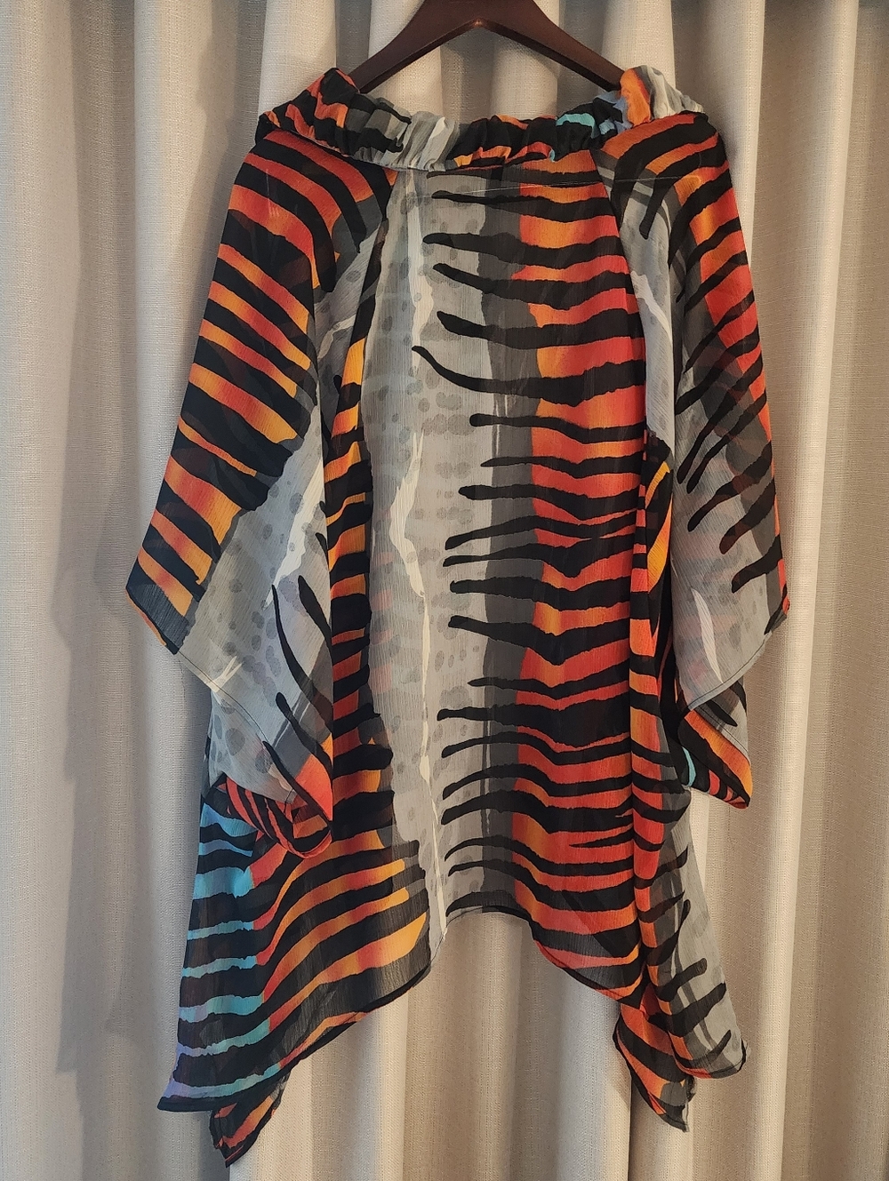 Sheer Button-Front Tunic Top in Blue & Orange Stripe - Picture 4 of 8